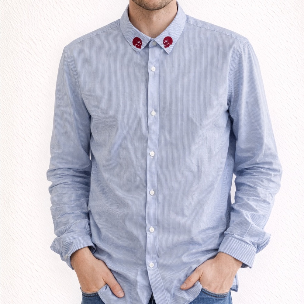 The Kooples Skull Embroidered Blue Fitted Striped Long Sleeve Button Down Medium